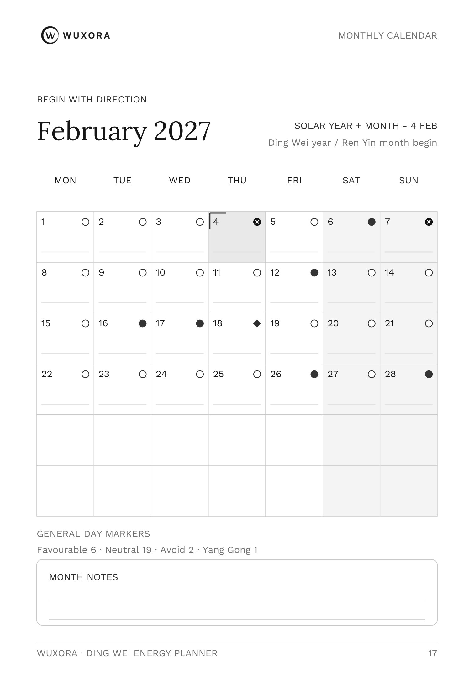 A monthly calendar spread from the planner