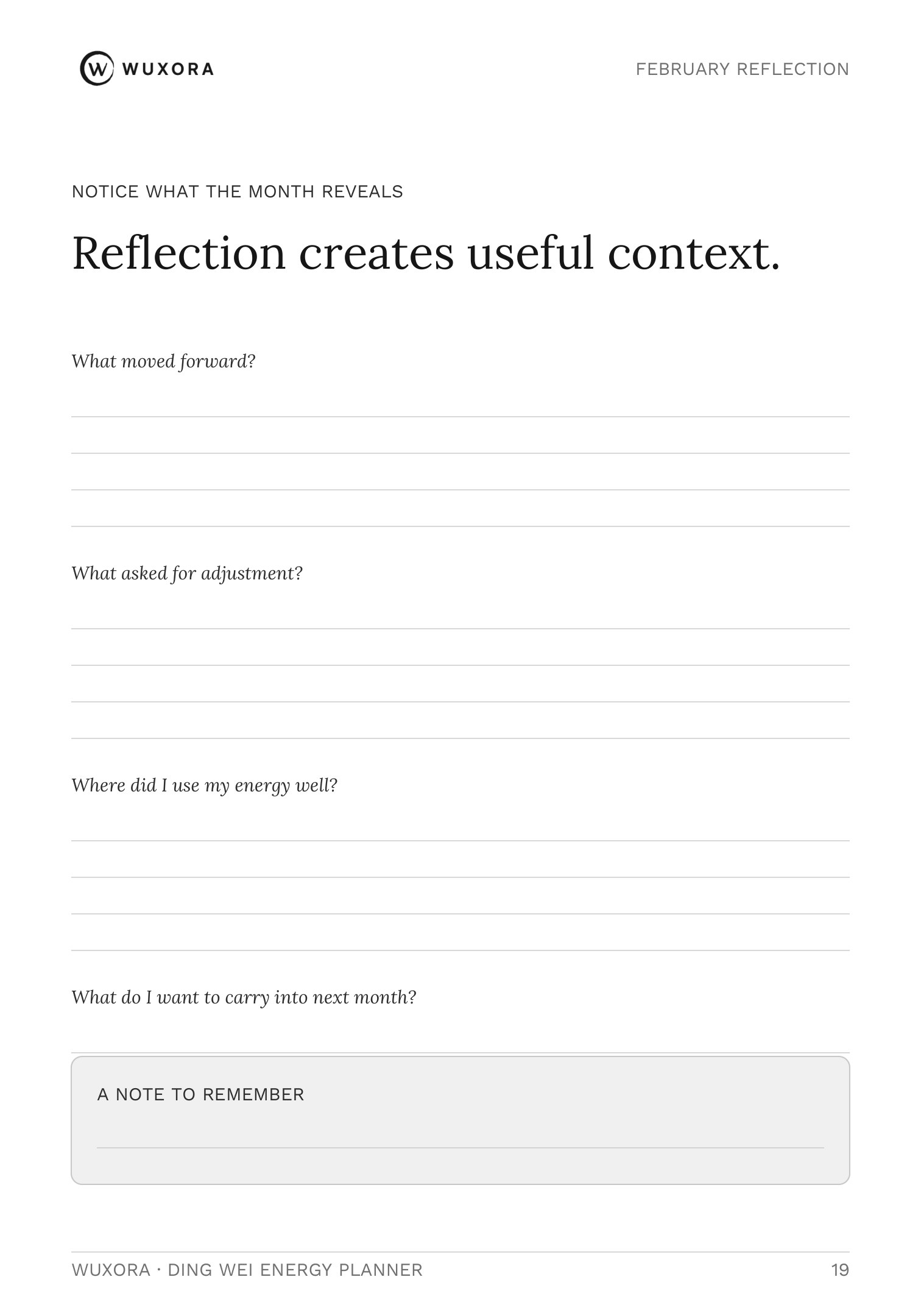 A monthly reflection page from the planner